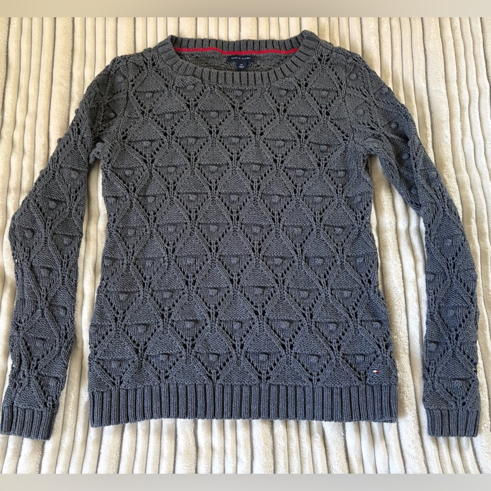Womens Tommy Hilfiger Charcoal Gray Open-Knit Cotton Crewneck Sweater SzS